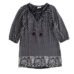 Roxy Women M Black White Paisley Boho Print Tassel V Neck 3/4 Sleeve Dress Beach